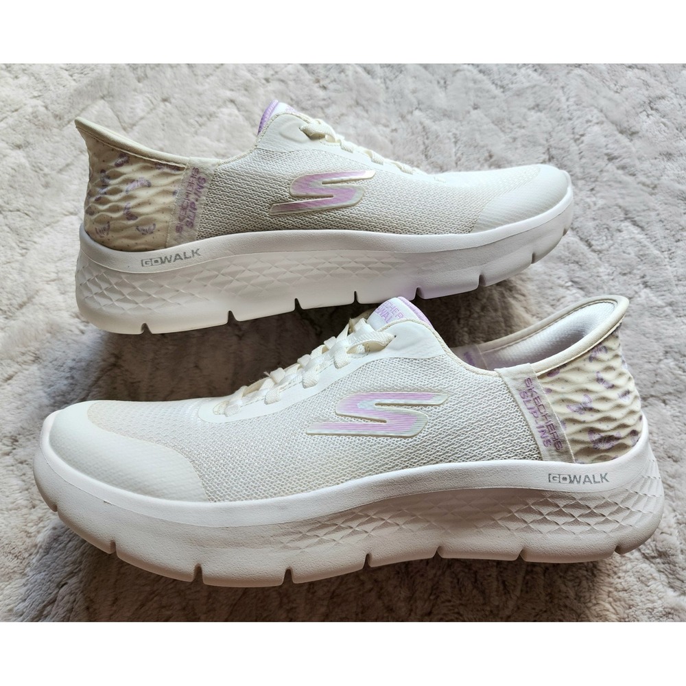 Skechers Go Walk Flex Slip-Ins Natural Purple Butterfly Walking Shoes Womens 8